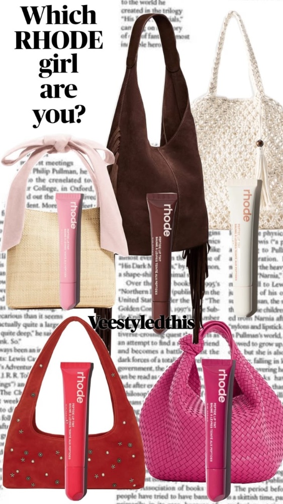 Editorial Pinterest pin, Which RHODE girl are you? lip tint and bag pairing collage by Veestyledthis